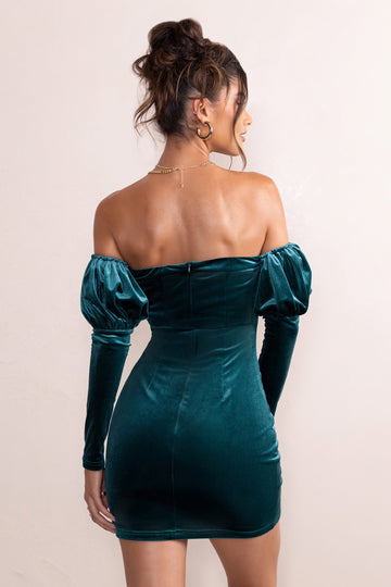 Ivy Teal Velvet Cut Out Mini Dress With Ruffle Sleeves